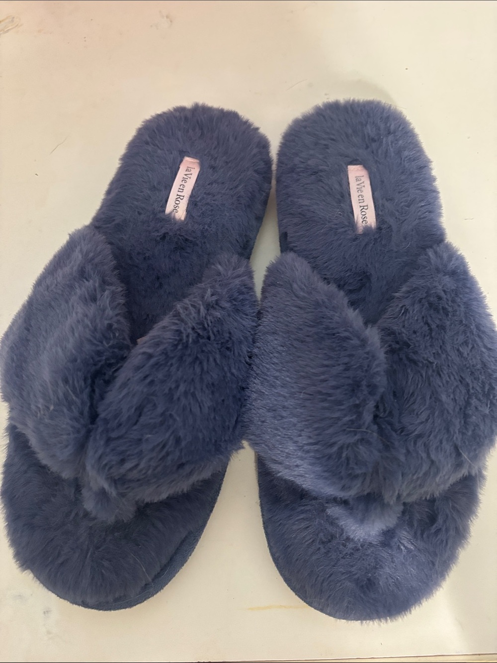 La Vie En Rose Plush Faux Fur Slide Slippers - Navy
